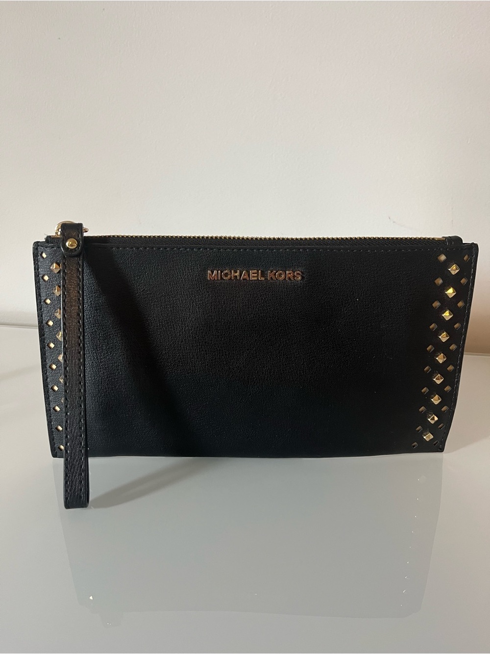 Michael Kors Black Leather Wristlet Clutch with Gold Stud Accents